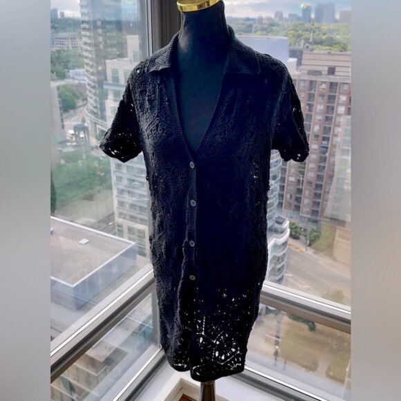 🆕 FARM Rio 🧿 NWOT Black Semisheer Floral Button-Up Crochet Cover-Up Dress, S - Picture 1 of 16